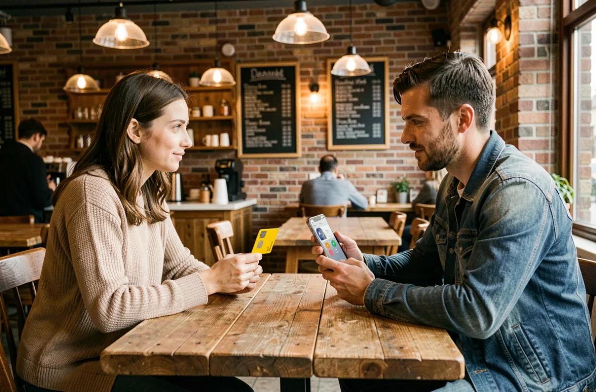 Deux personnes dans un café discutant des frais d'itinérance pour les appels entre la Belgique et la France avec une carte SIM et un smartphone