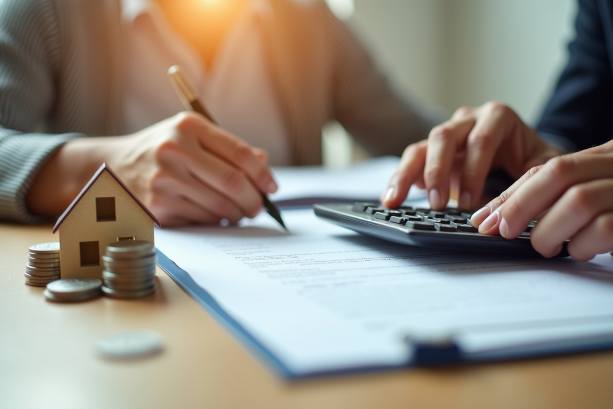 Mains tenant calculatrice et contrat avec maison miniature et pièces