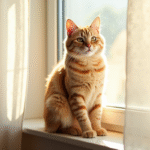 Chat beige assis sur une fenêtre ensoleillée