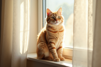 Chat beige assis sur une fenêtre ensoleillée