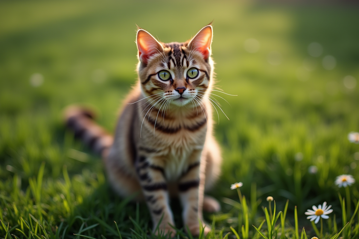 Chat British Shorthair brun assis sur la pelouse verte en extérieur