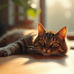 Chat British Shorthair brun allongé sur un sol en bois ensoleillé
