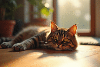 Chat British Shorthair brun allongé sur un sol en bois ensoleillé