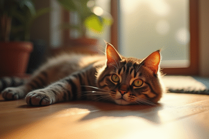 Chat British Shorthair brun allongé sur un sol en bois ensoleillé