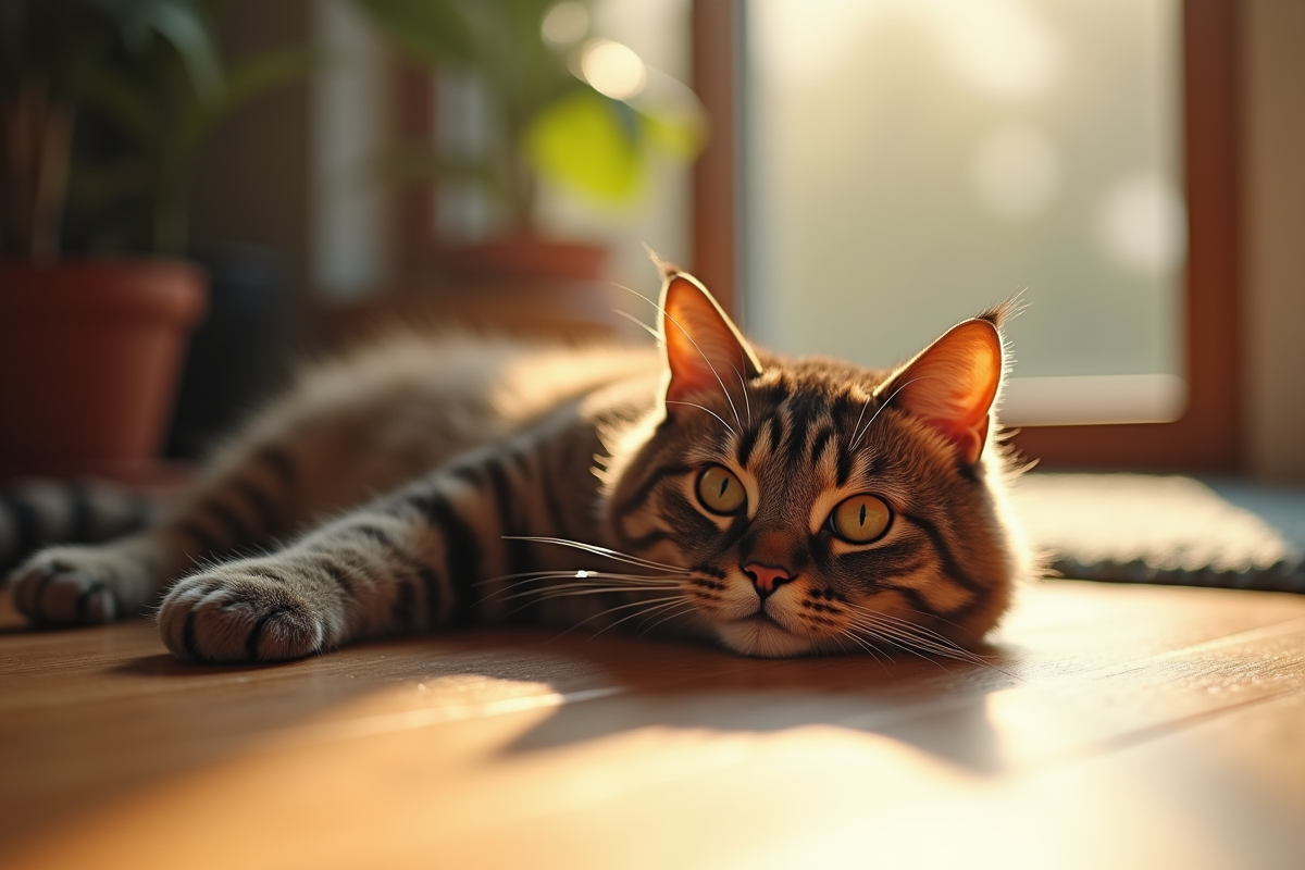 Chat British Shorthair brun allongé sur un sol en bois ensoleillé