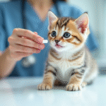 Chaton curieux sur table blanche avec pilule près de la bouche