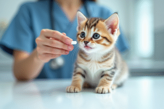 Chaton curieux sur table blanche avec pilule près de la bouche