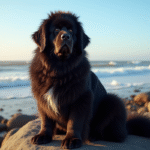 Chien Newfoundland sur la côte rocheuse en bord de mer