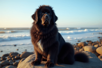 Chien Newfoundland sur la côte rocheuse en bord de mer