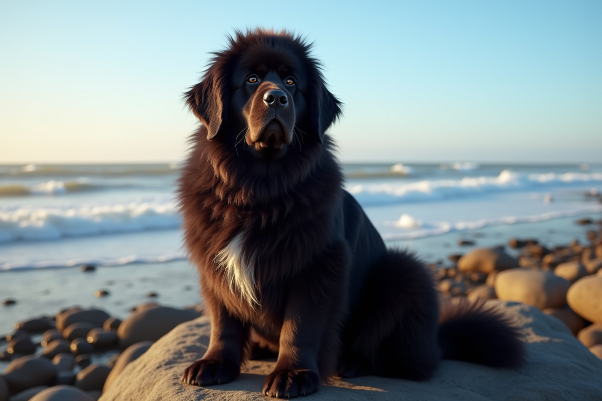 Chien Newfoundland sur la côte rocheuse en bord de mer