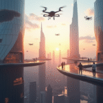Ciel de ville futuriste au lever du soleil avec gratte-ciel innovants