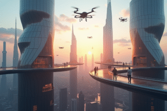 Ciel de ville futuriste au lever du soleil avec gratte-ciel innovants