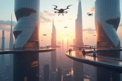Ciel de ville futuriste au lever du soleil avec gratte-ciel innovants