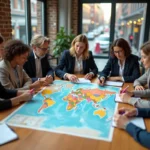 Groupe de personnes de diverses nationalités étudiant une carte de la population mondiale autour d'une table en bois dans un bureau moderne