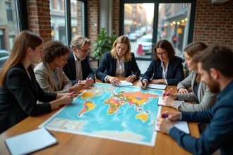 Groupe de personnes de diverses nationalités étudiant une carte de la population mondiale autour d'une table en bois dans un bureau moderne