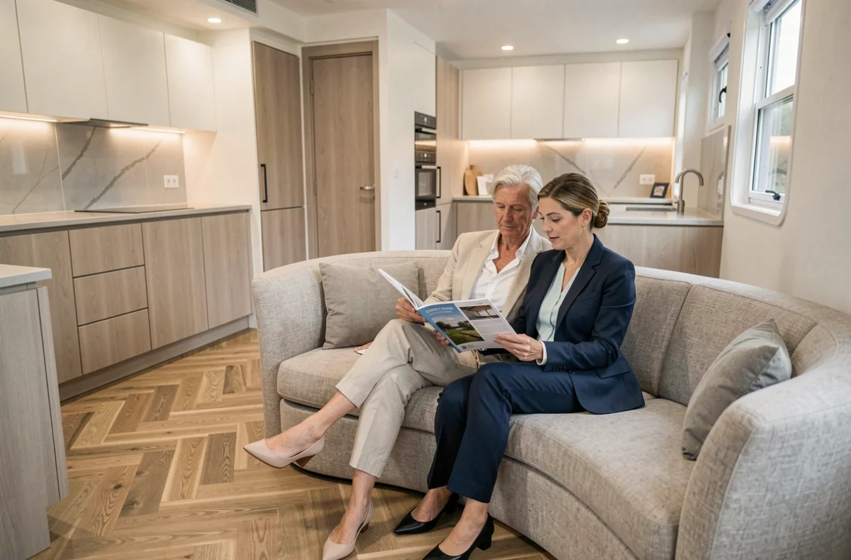 Couple de clients découvrant l'intérieur luxueux et soigneusement aménagé d'un mobil-home haut de gamme dans un showroom français