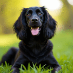 Cocker spaniel noir assis dans l'herbe verte en plein jour