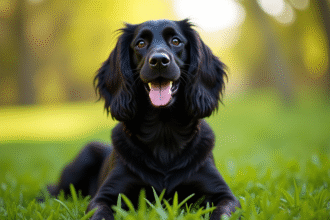 Cocker spaniel noir assis dans l'herbe verte en plein jour