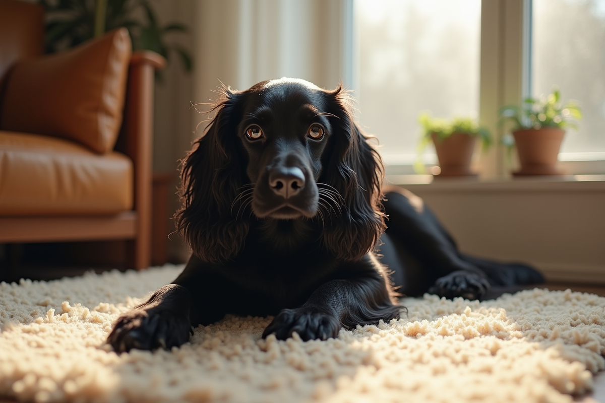 Cocker spaniel noir allongé sur un tapis beige à la lumière naturelle