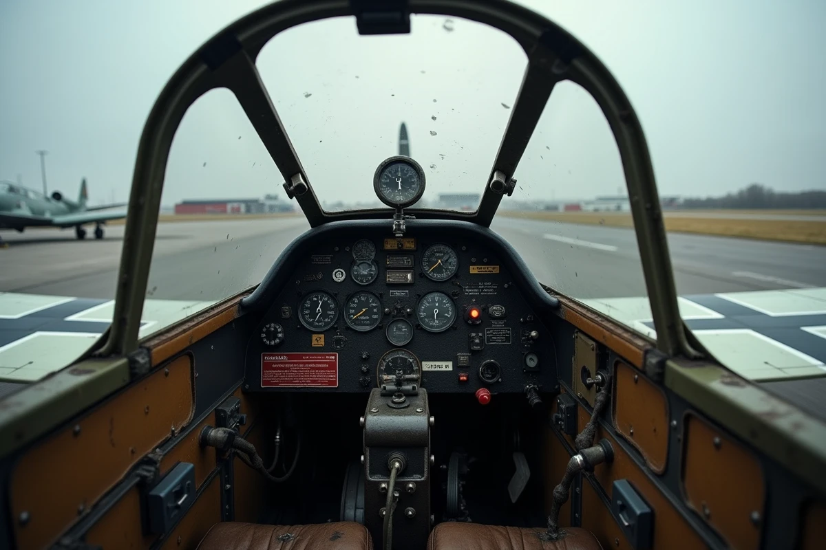 Cockpit authentique d'un Bf 109 G avec instruments d'époque et siège blindé sur un terrain d'aviation