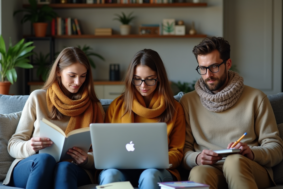 Trois colocataires dans un salon moderne en activité