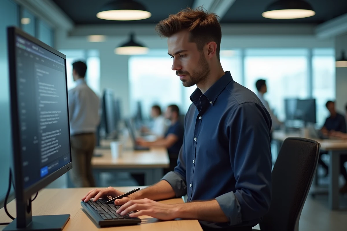 Homme travaillant debout dans un bureau moderne avec un compteur de mots visible sur son écran d'ordinateur