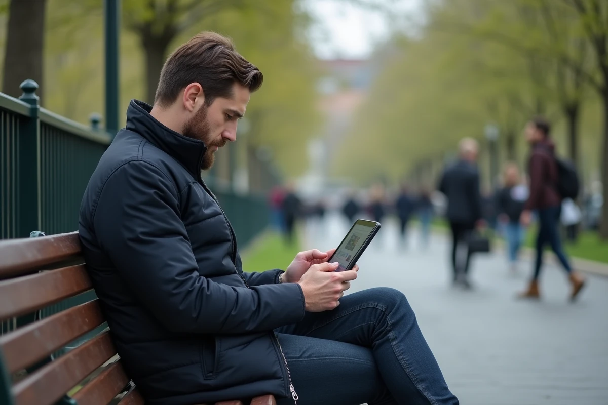 Homme utilisant une tablette dans un parc urbain pour consulter des stories Instagram sans se connecter