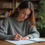 Femme corrigeant un document écrit à la main avec un stylo rouge, illustrant les difficultés orthographiques en français
