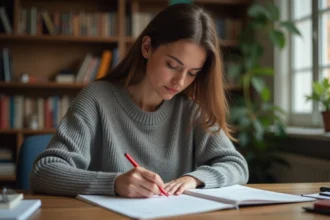 Femme corrigeant un document écrit à la main avec un stylo rouge, illustrant les difficultés orthographiques en français