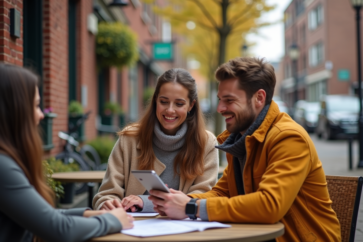 Jeune couple discutant de biens immobiliers avec un agent à une terrasse de café