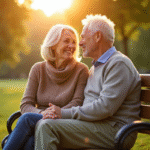 Couple âgé souriant sur un banc dans un parc en fin d'après-midi