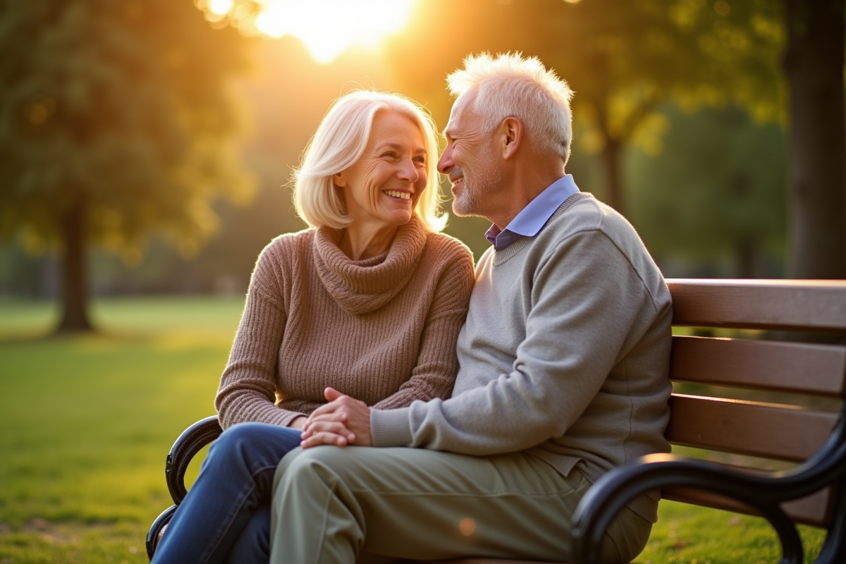 Couple âgé souriant sur un banc dans un parc en fin d'après-midi