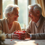 Couple d'ainés échangeant un cadeau avec sourire chaleureux