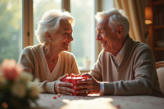Couple d'ainés échangeant un cadeau avec sourire chaleureux