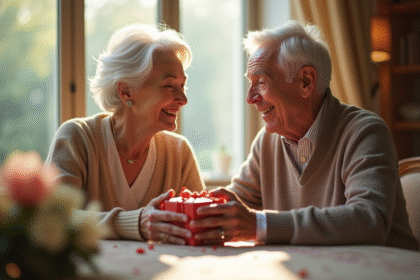 Couple d'ainés échangeant un cadeau avec sourire chaleureux