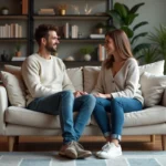 Couple assis sur un canapé dans un salon moderne et chaleureux