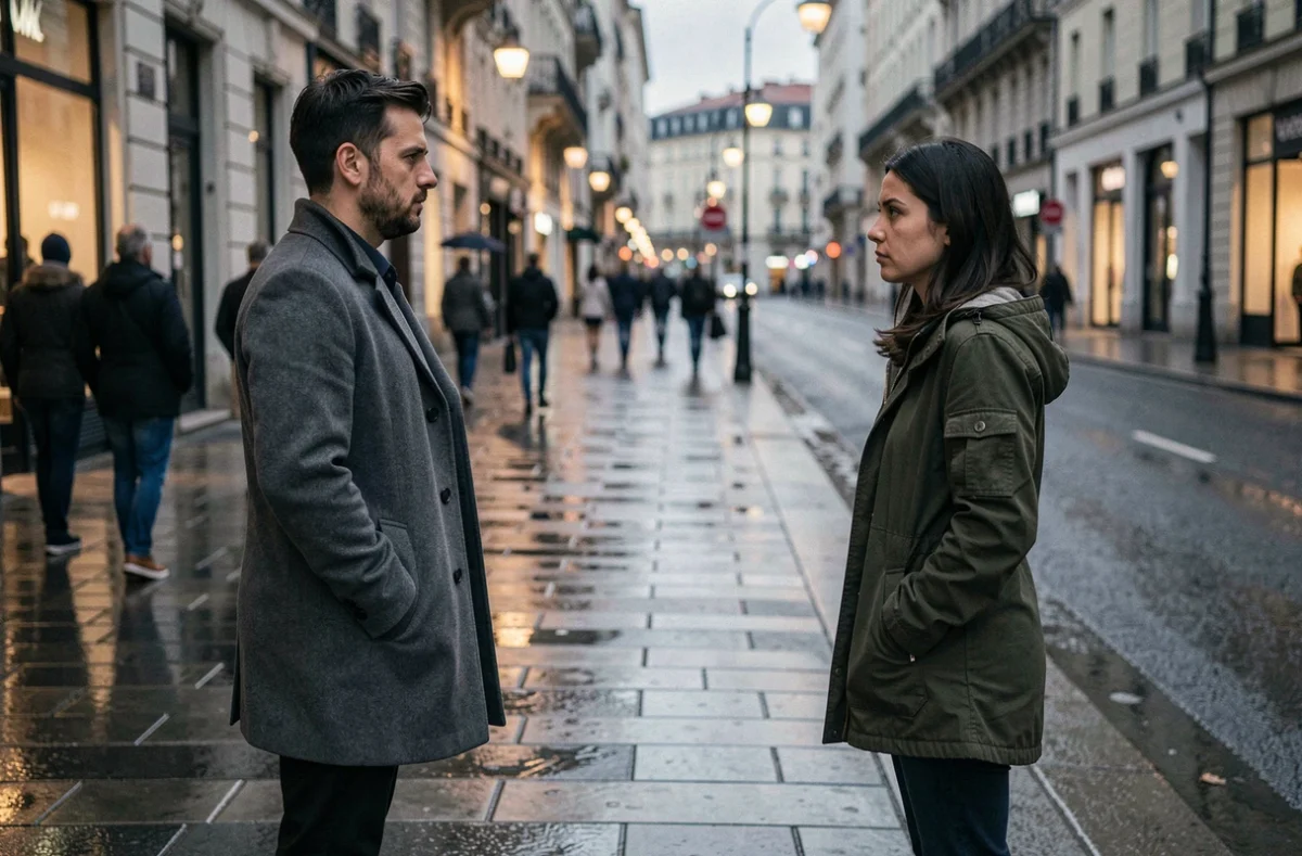 Couple face à face dans une rue pluvieuse représentant la distance émotionnelle et la séparation entre deux âmes jumelles
