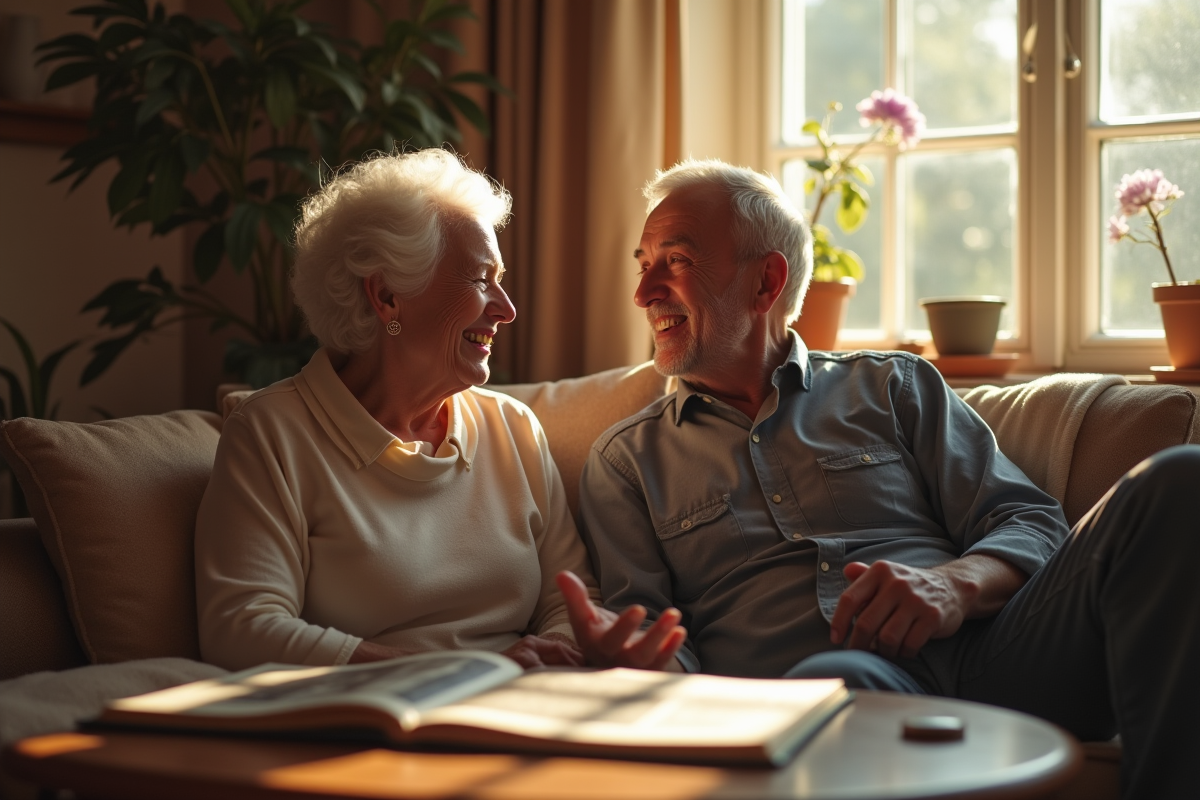 Couple âgé riant dans un salon lumineux en regardant un album photo