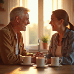 Couple souriant dans une cuisine lumineuse le matin
