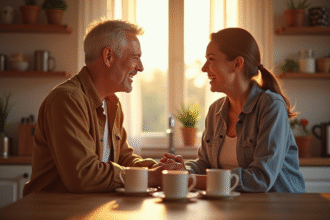 Couple souriant dans une cuisine lumineuse le matin