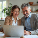 Couple souriant recherchant immobilier dans une cuisine lumineuse