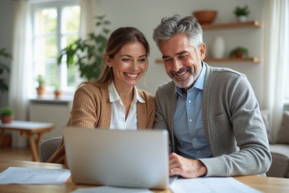 Couple souriant recherchant immobilier dans une cuisine lumineuse