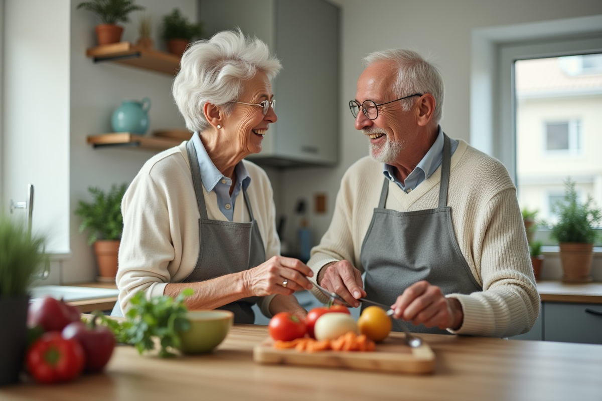Couple senior préparant un repas dans une cuisine lumineuse