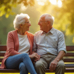 Couple senior assis sur un banc ensoleille dans un parc