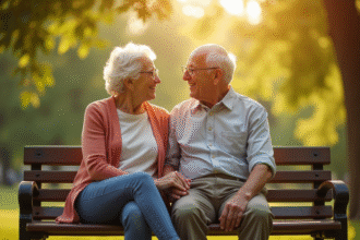 Couple senior assis sur un banc ensoleille dans un parc