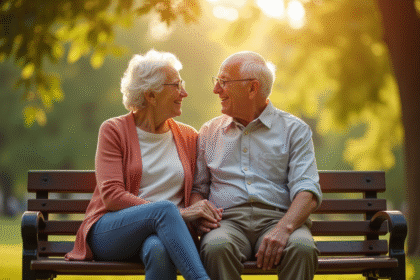 Couple senior assis sur un banc ensoleille dans un parc