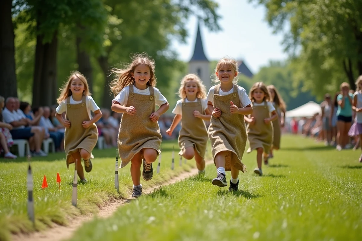 Course en sac d'enfants sur la pelouse lors d'une fête de village traditionnelle en France