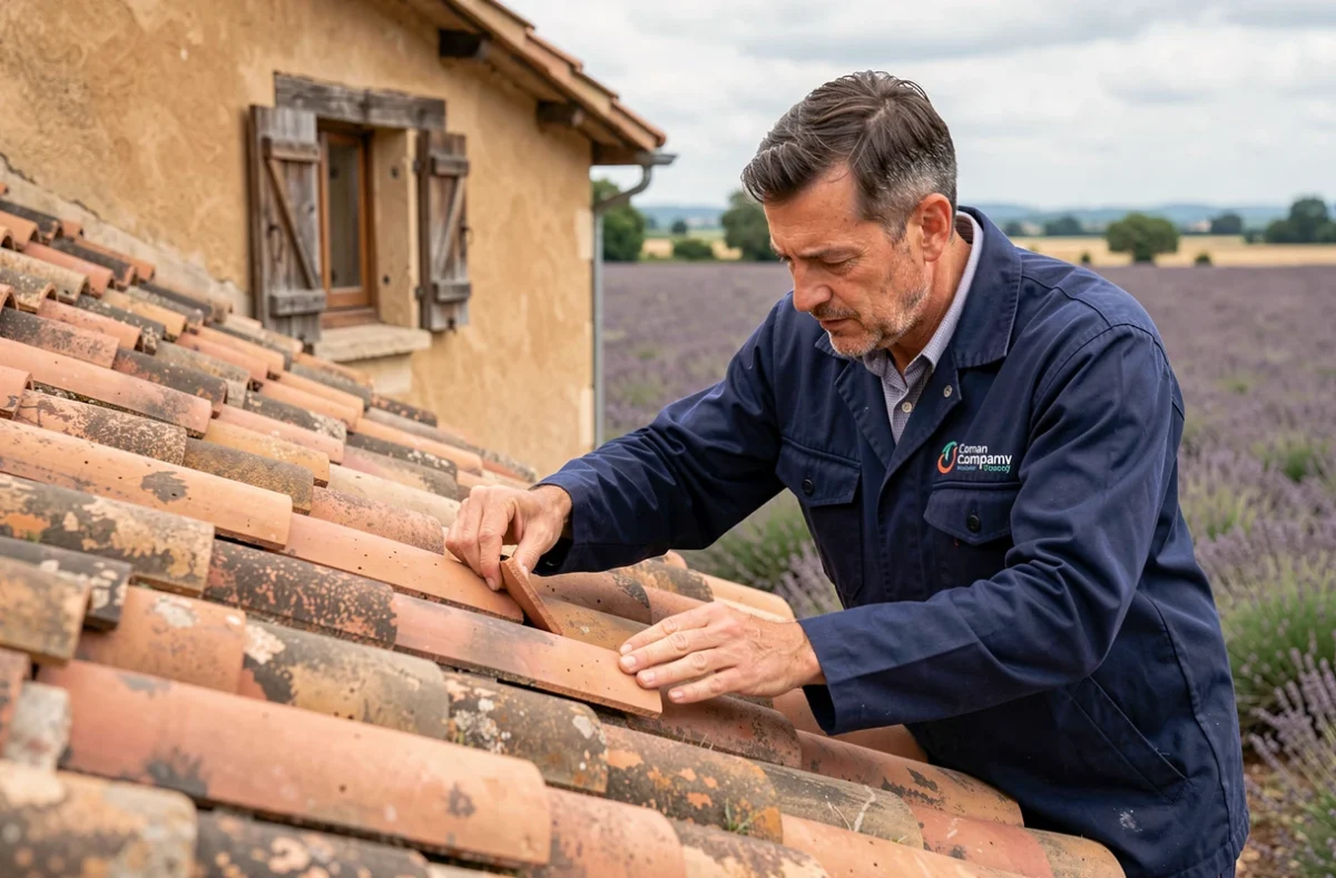 Artisan de la Couverture Dromoise posant des tuiles en terre cuite sur une toiture en pierre dans la Drôme