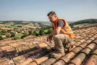 Couvreur professionnel travaillant sur un toit en tuiles traditionnelles dans la Drôme avec vue sur les collines provençales