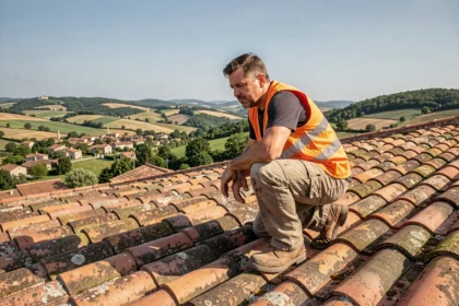 Couvreur professionnel travaillant sur un toit en tuiles traditionnelles dans la Drôme avec vue sur les collines provençales